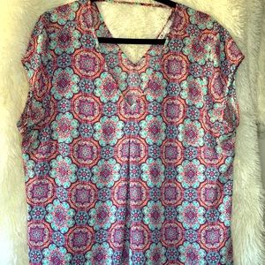 Cap sleeve v-neck, light weight blouse with mint, purple pink pattern